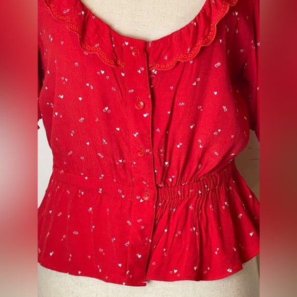 Aritzia Sunday Best Taryn Red with Pink/White Hearts Print Blouse EUC - Picture 6 of 13